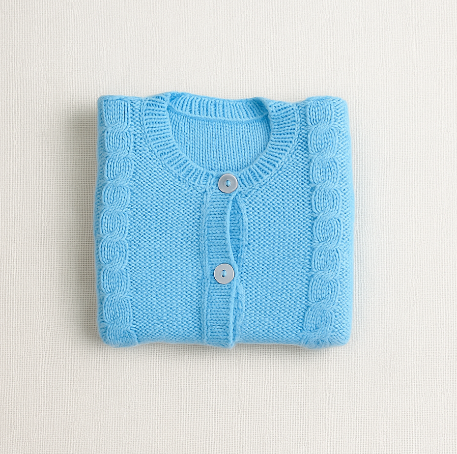 Casaco de malha azul claro dobrado com botões na frente