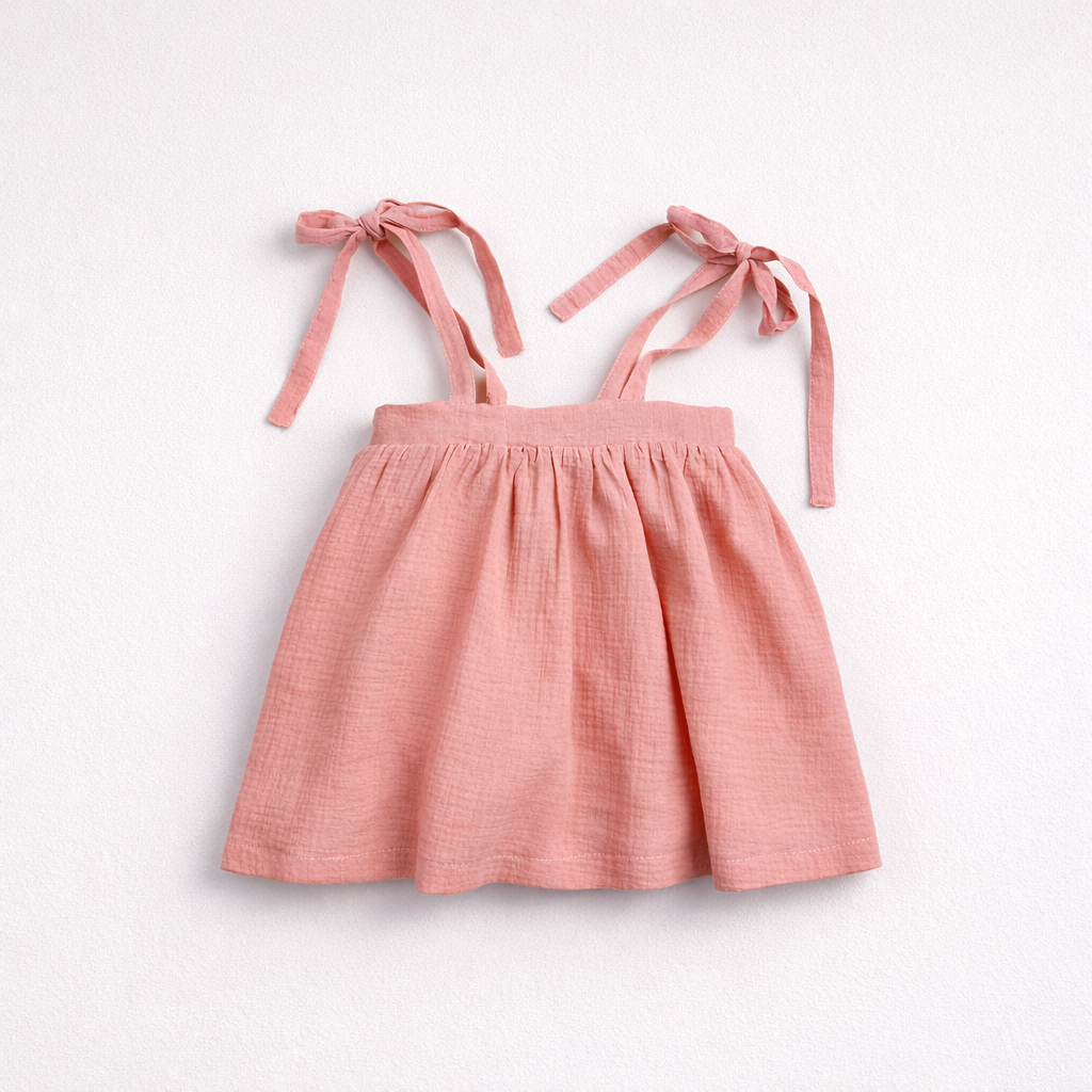 Vestido infantil cor-de-rosa com alças de laço, tecido leve e enrugado
