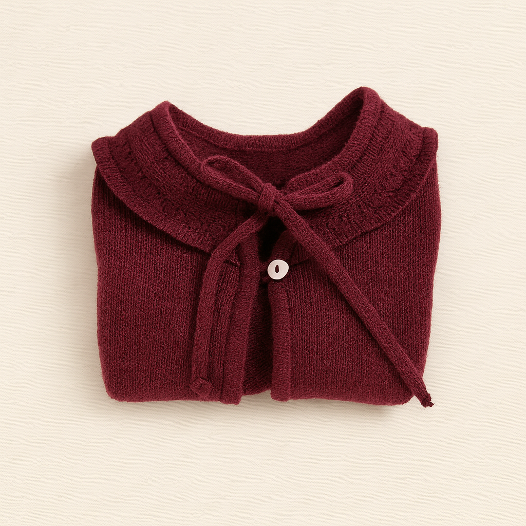 Camisola de malha bordô com gola com folhos e laço