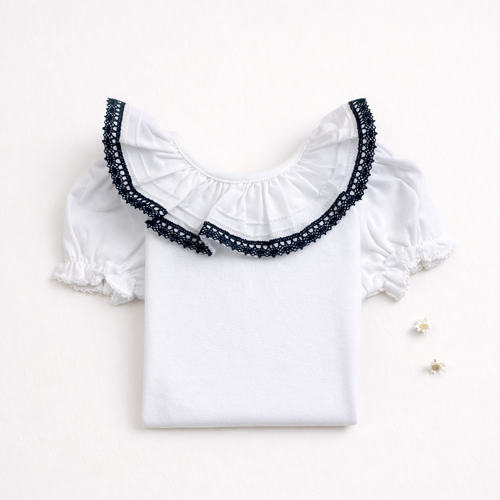 Camisola branca com gola franzida e renda preta, mangas curtas, sobre fundo branco com duas flores.