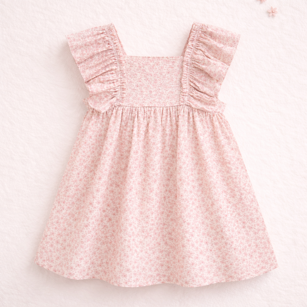 Vestido infantil rosa claro com padrão floral e mangas com folhos