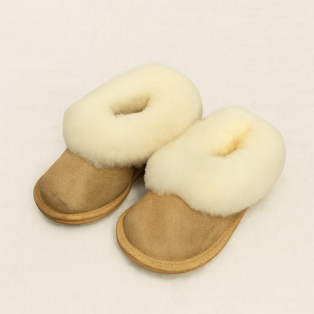 Pantufas de camurça castanha com interior em lã branca fofa