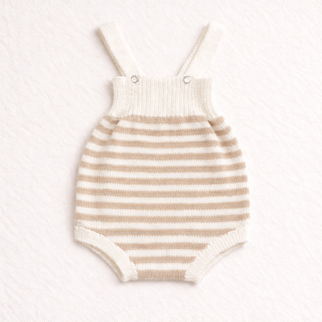 Body de bebé às riscas bege e branco em malha com alças e botões