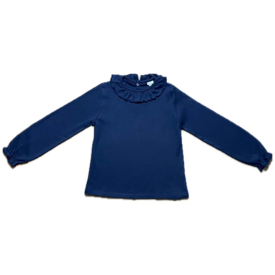 Camisola azul escura de manga comprida com gola e punhos franzidos