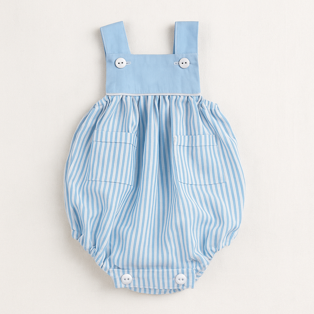 Jardineira azul clara às riscas para bebé