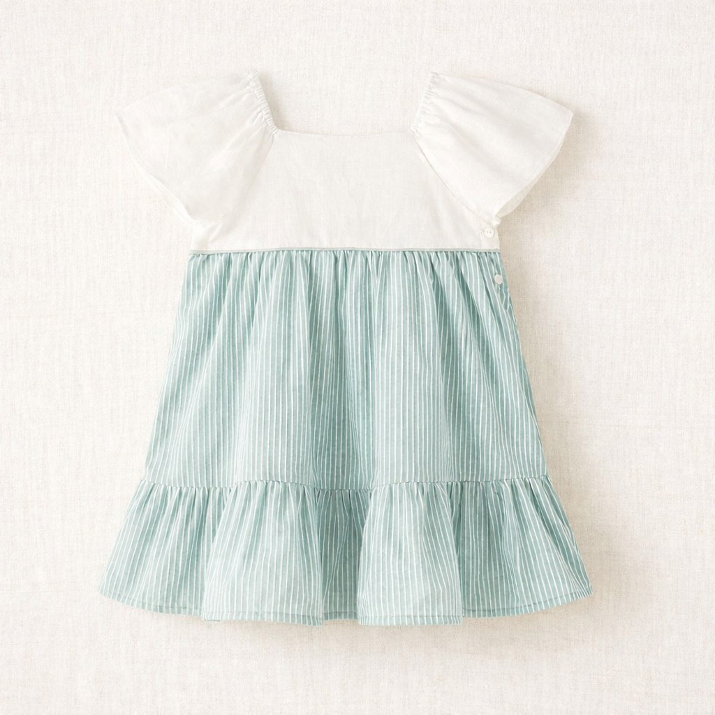 Vestido criança branco com saia azul riscada e folho