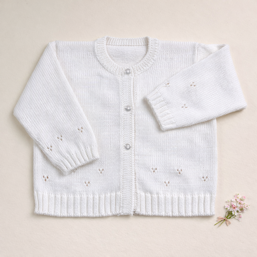 Casaco de malha branco para bebé com botões pérola e pequenos detalhes furadinhos