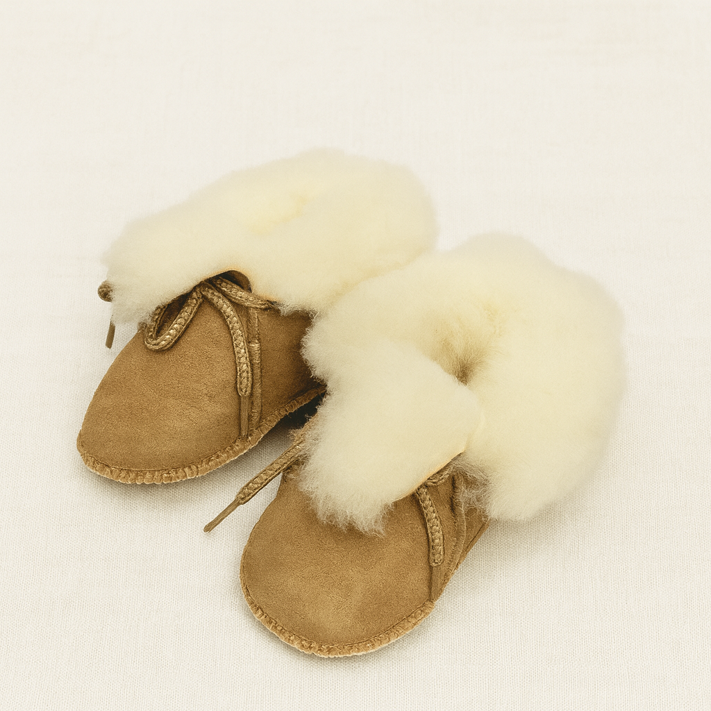 Sapatinhos de bebé de camurça castanha com pelo creme.