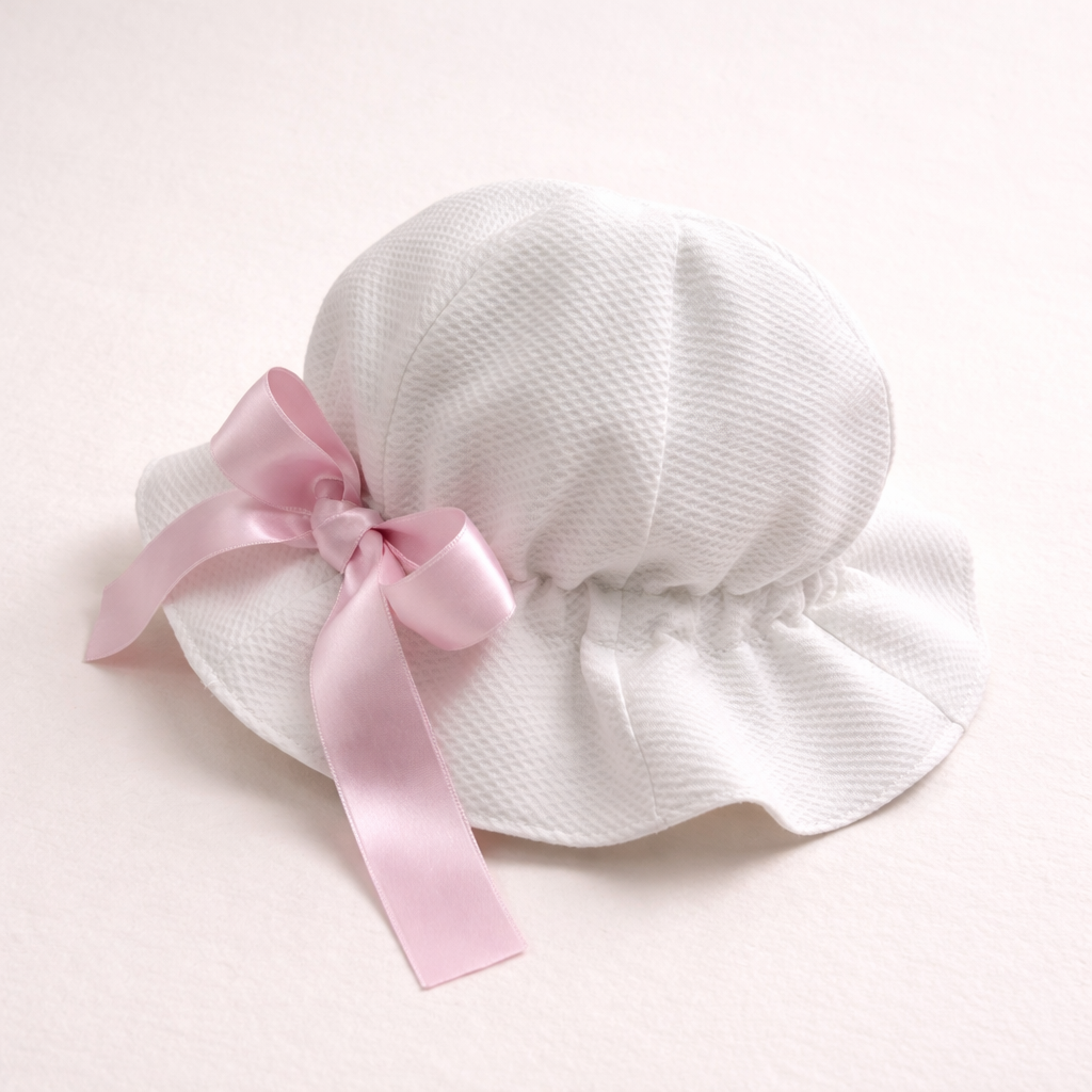Chapéu branco com fita rosa em cetim
