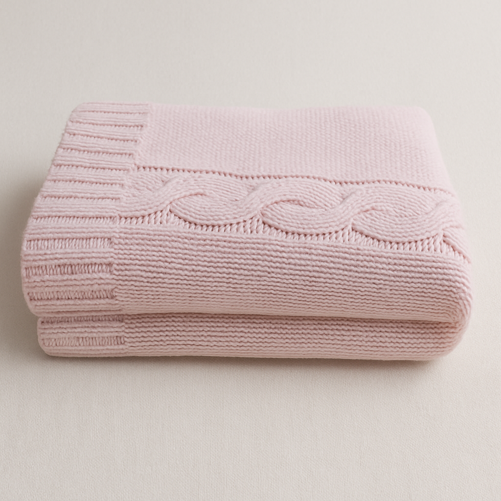 Manta de malha rosa claro com padrão de trança