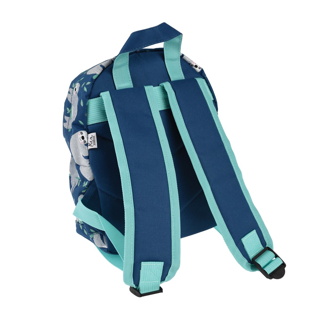 Mochila azul com padrão de coelhos e tiras acolchoadas