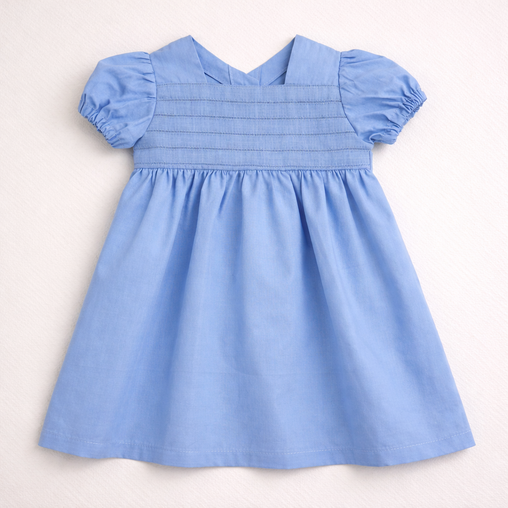 Vestido azul de criança com mangas curtas franzidas