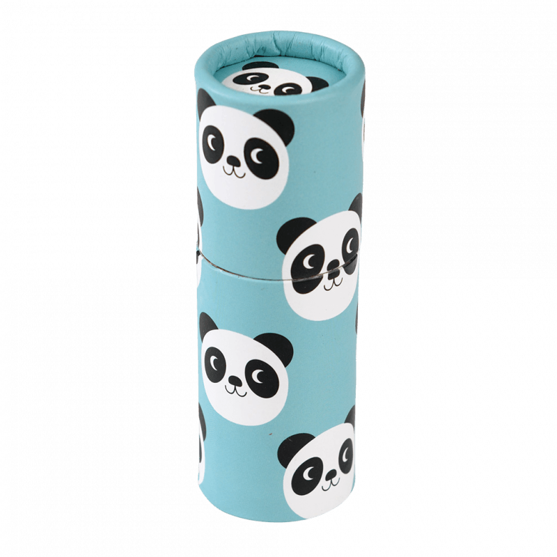 Estojo cilíndrico azul com caras de panda preto e branco