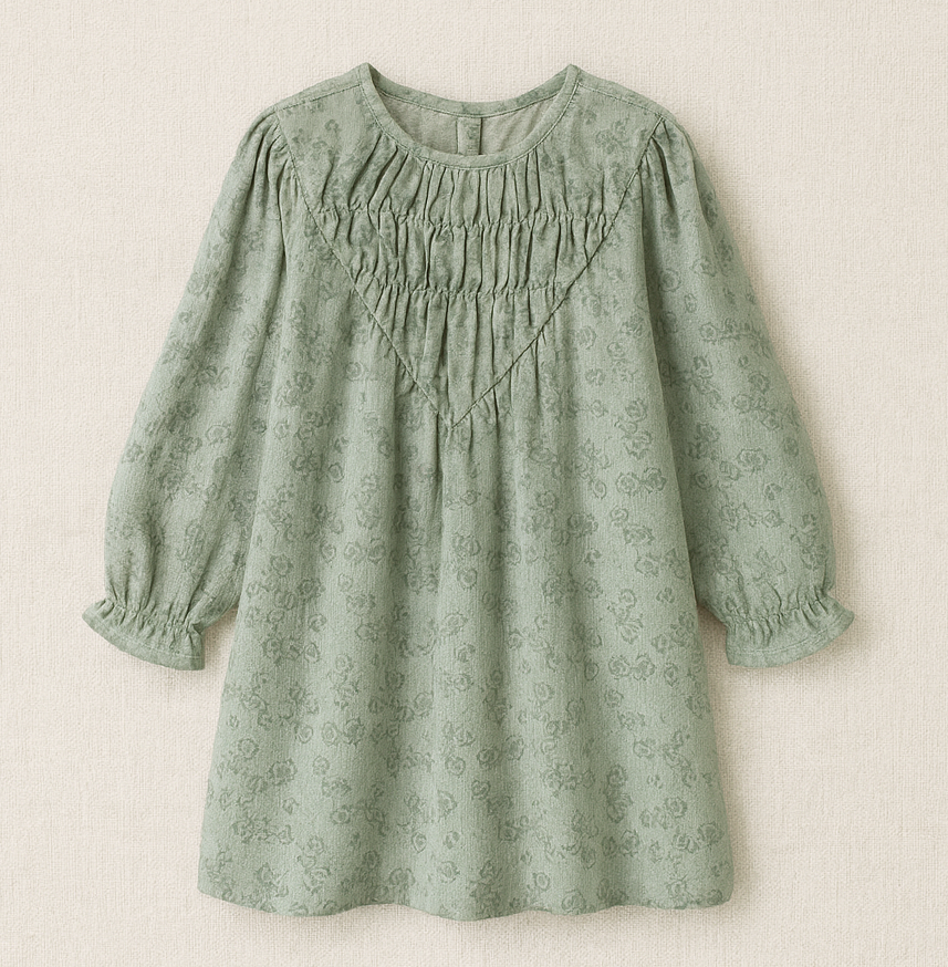 Vestido infantil verde claro com padrão floral e mangas compridas