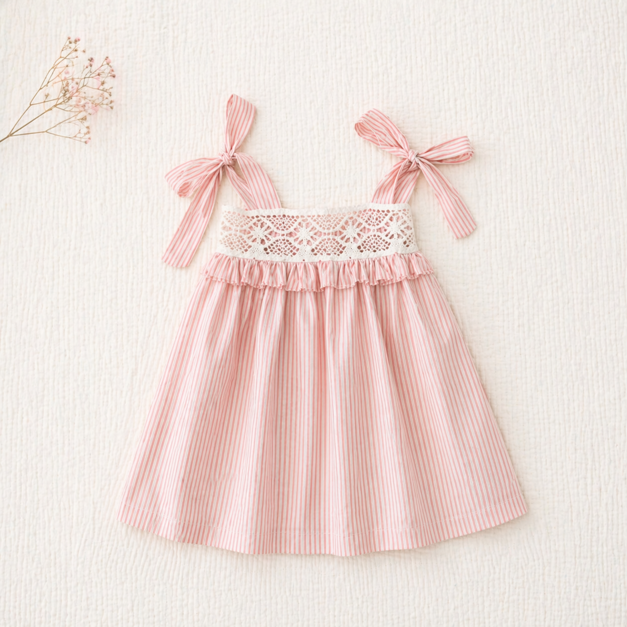 Vestido infantil rosa às riscas com renda branca e babados