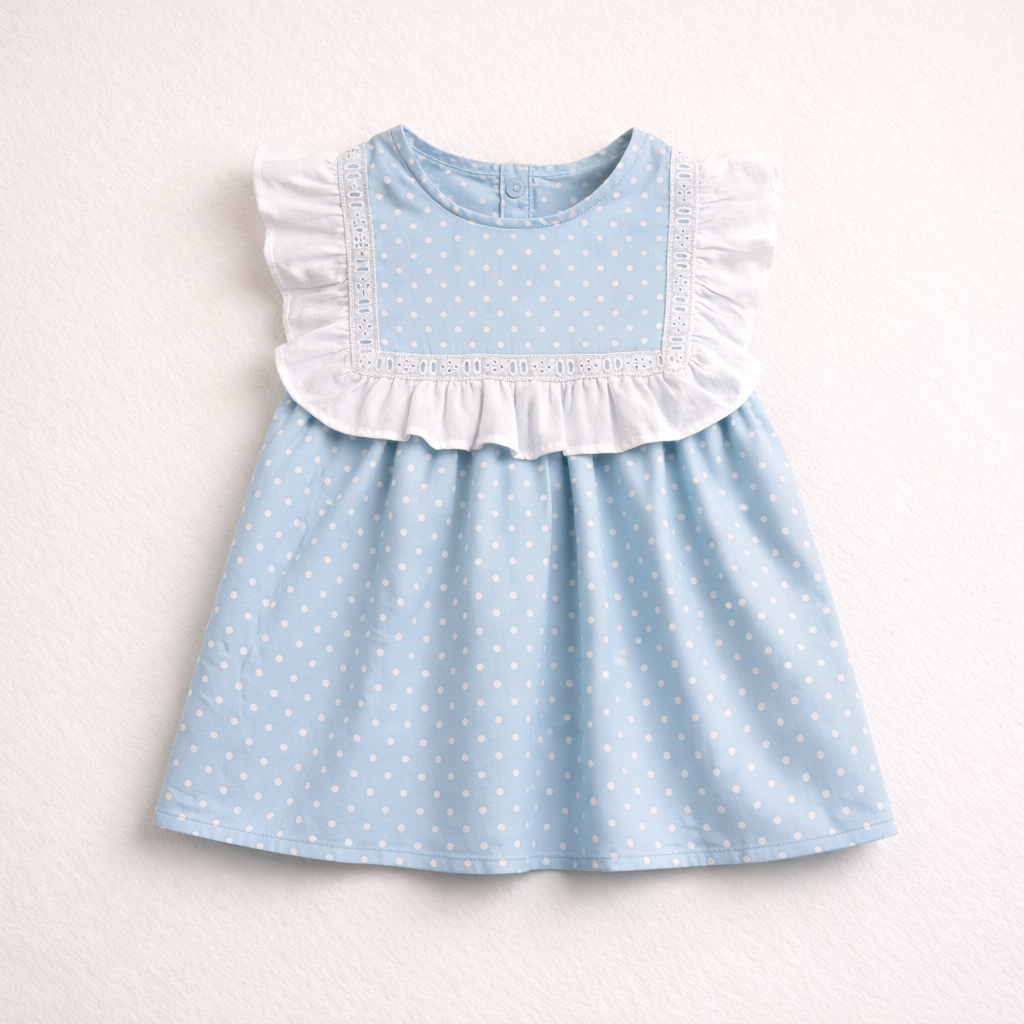 Vestido bebé azul claro com bolinhas brancas e gola com folhos brancos.
