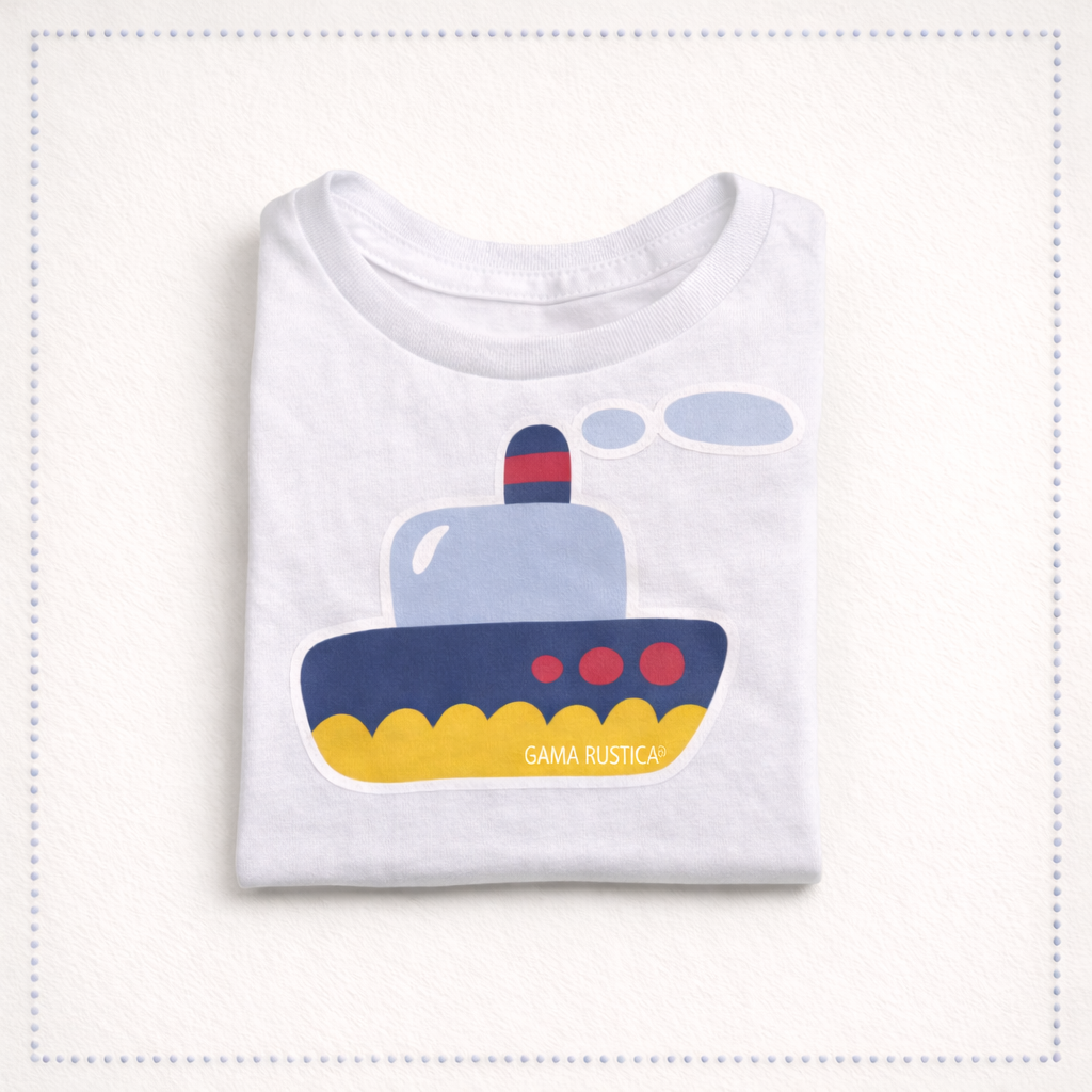 T-shirt branca com estampa de barco colorido e texto GAMA RUSTICA