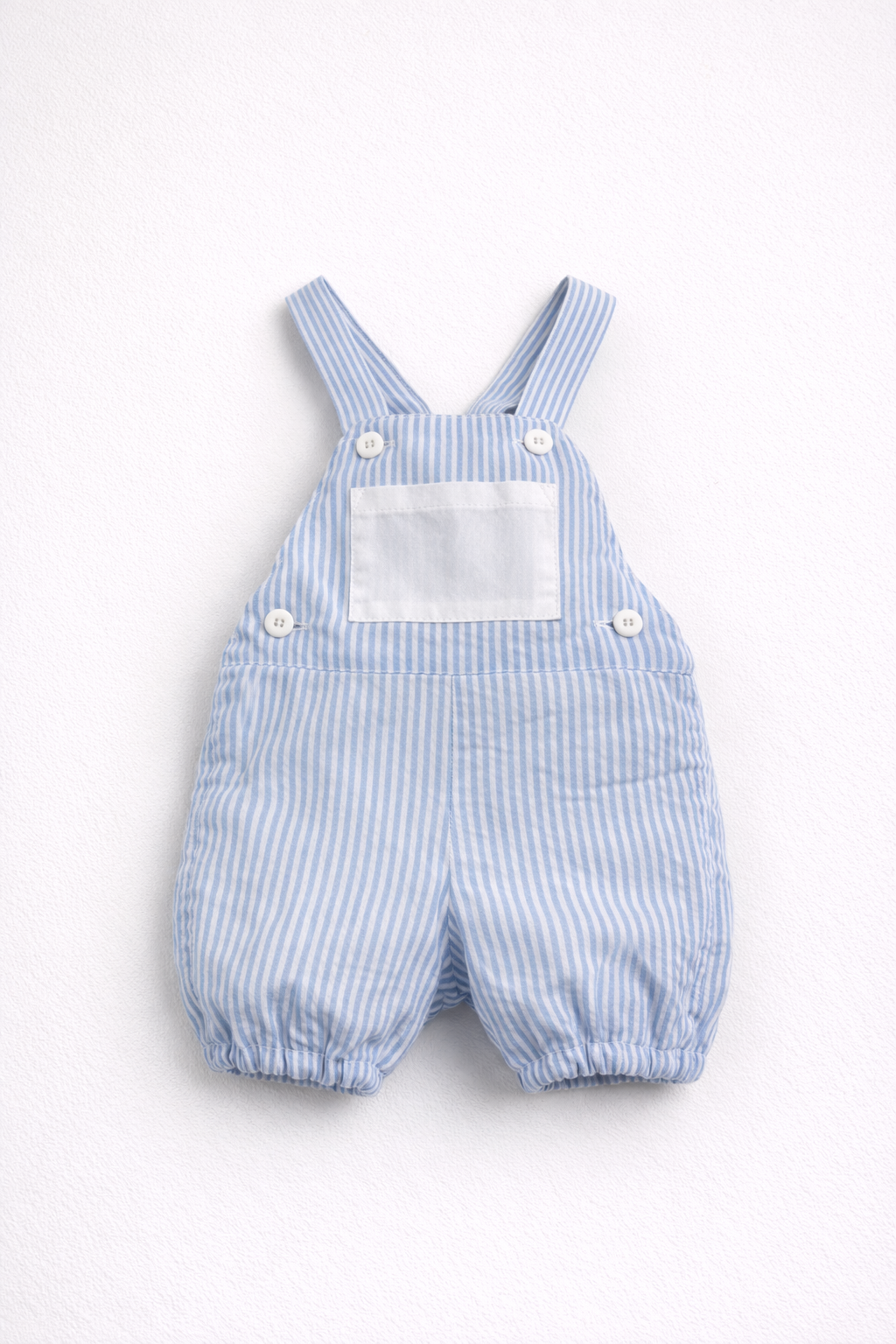 Macacão curto de bebé às riscas azul e branco com bolso frontal branco