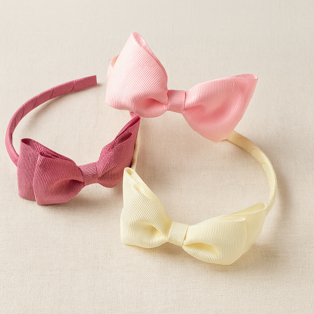 Tiaras com laços rosa claro, rosa escuro e amarelo claro em fundo bege