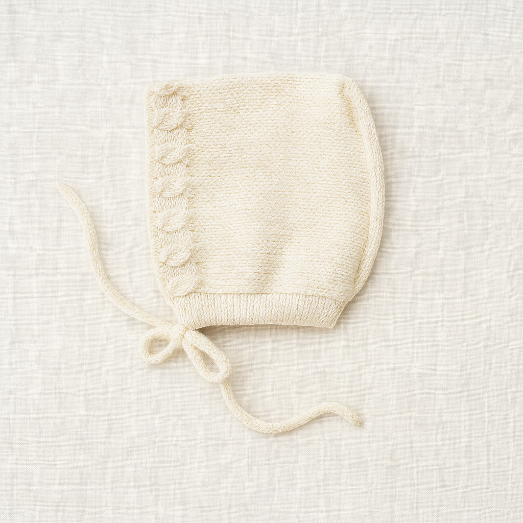 Touca de bebé em malha creme com cordões