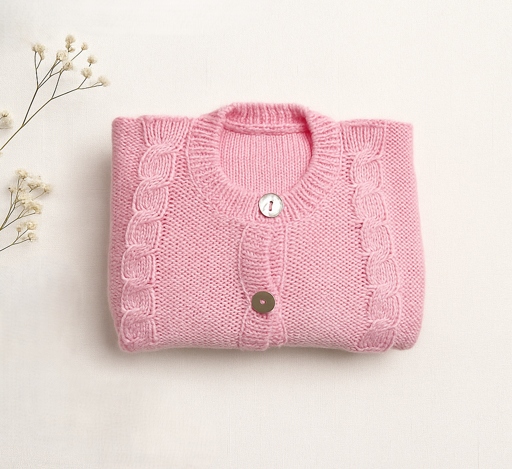 Cardigan de malha rosa com botões sobre superfície branca com flores secas