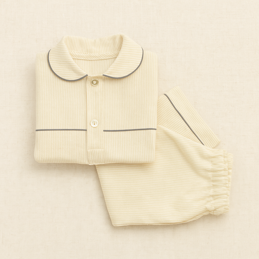 Pijama amarelo claro com riscas brancas finas, botões e linhas cinza escuro dobrado sobre tecido bege.