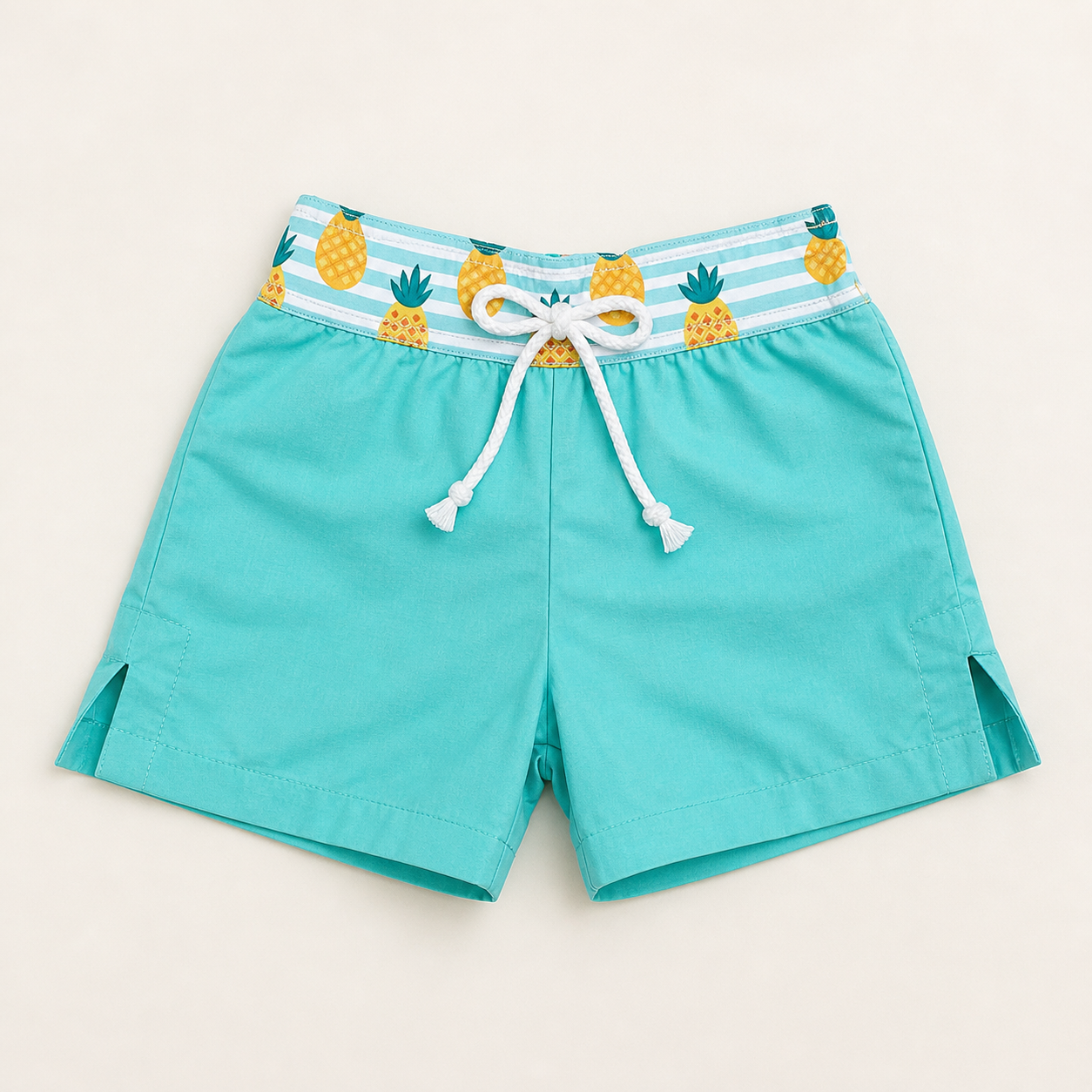 Calções de banho turquesa com cós estampado de riscas e ananases amarelos e cordão branco