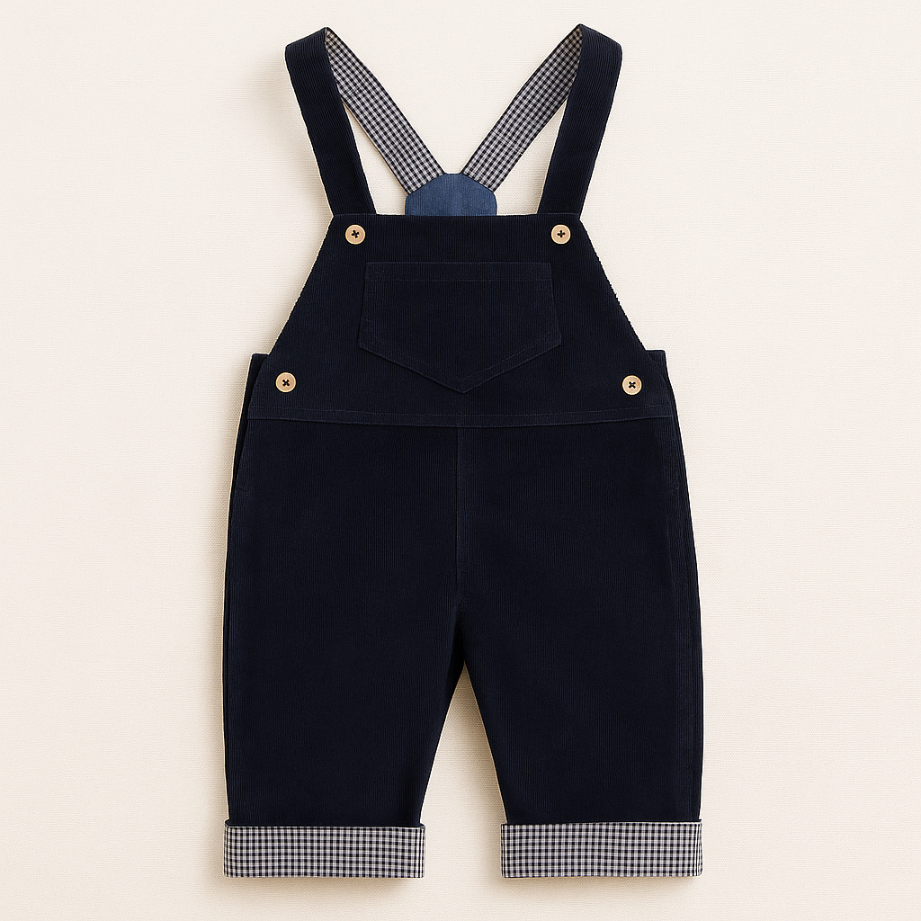 Jardineiras infantis em veludo cotelê azul escuro com detalhes xadrez