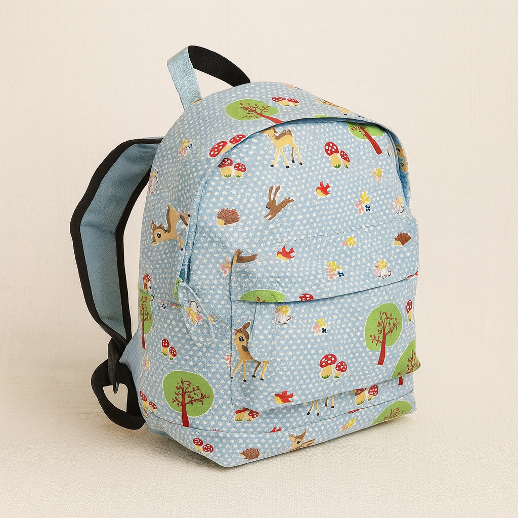 Mochila infantil azul claro com padrão de cervos e cogumelos coloridos