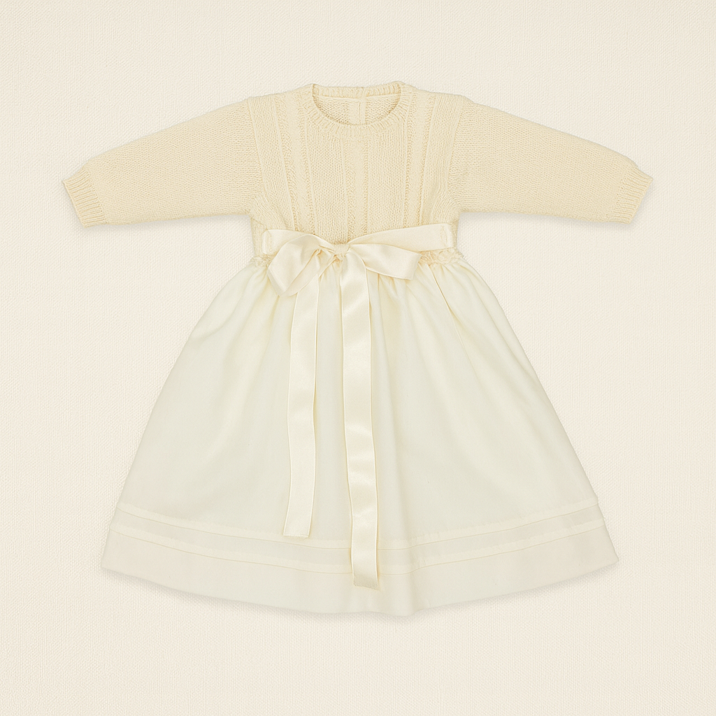 Vestido de bebé bege com laço de cetim