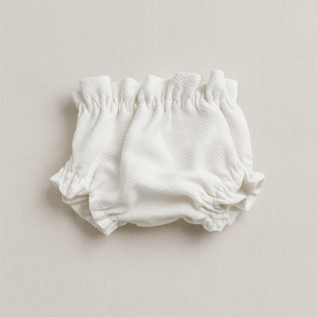 Fralda de tecido branco com elástico nas bordas sobre fundo branco