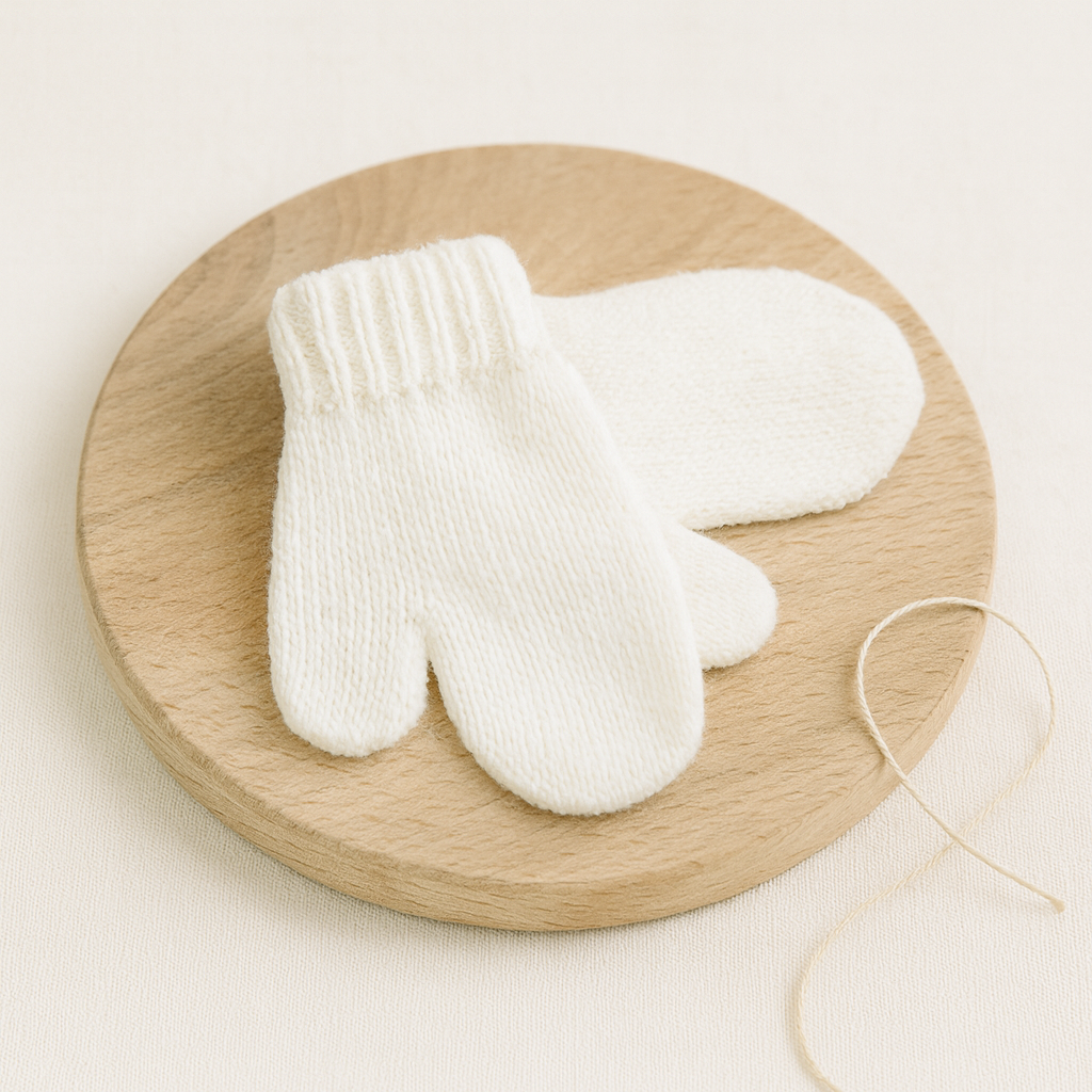 Par de luvas brancas de malha sobre prato de madeira