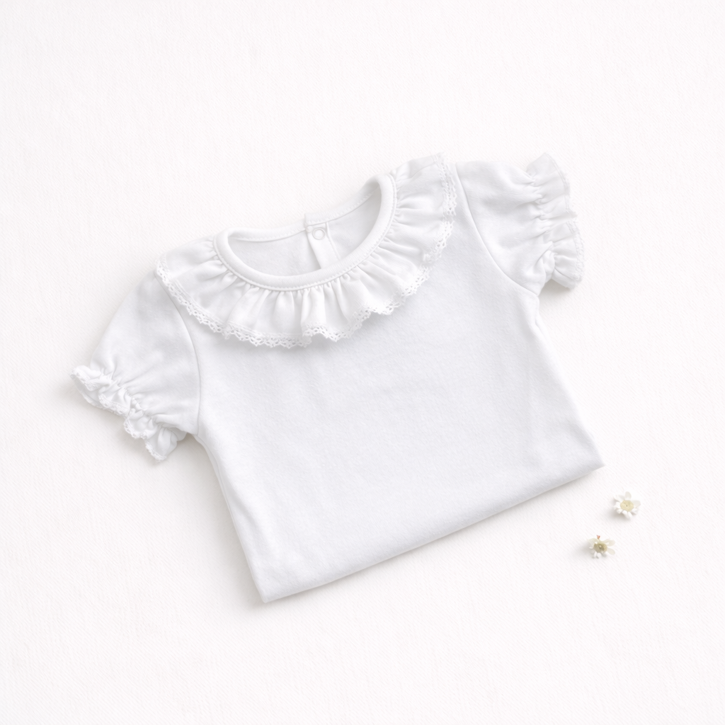 Camisola branca de manga curta para bebé com folhos e renda