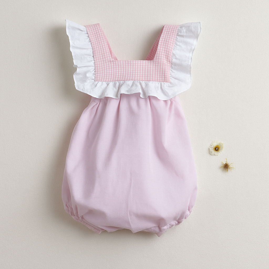 Macacão de bebé rosa com folhos brancos e padrão xadrez rosa e branco