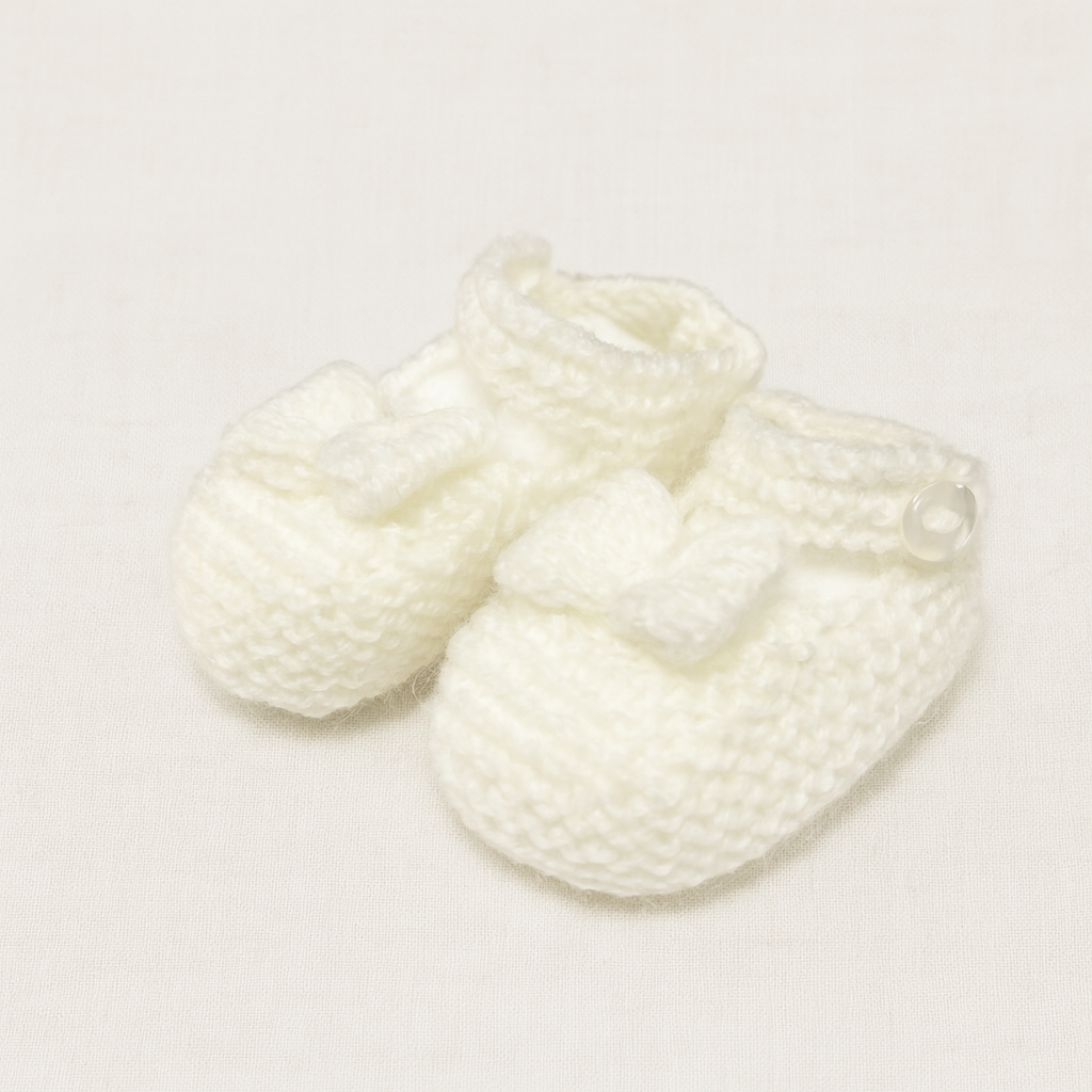 Par de sapatinhos de bebé em malha branca com laço e botão