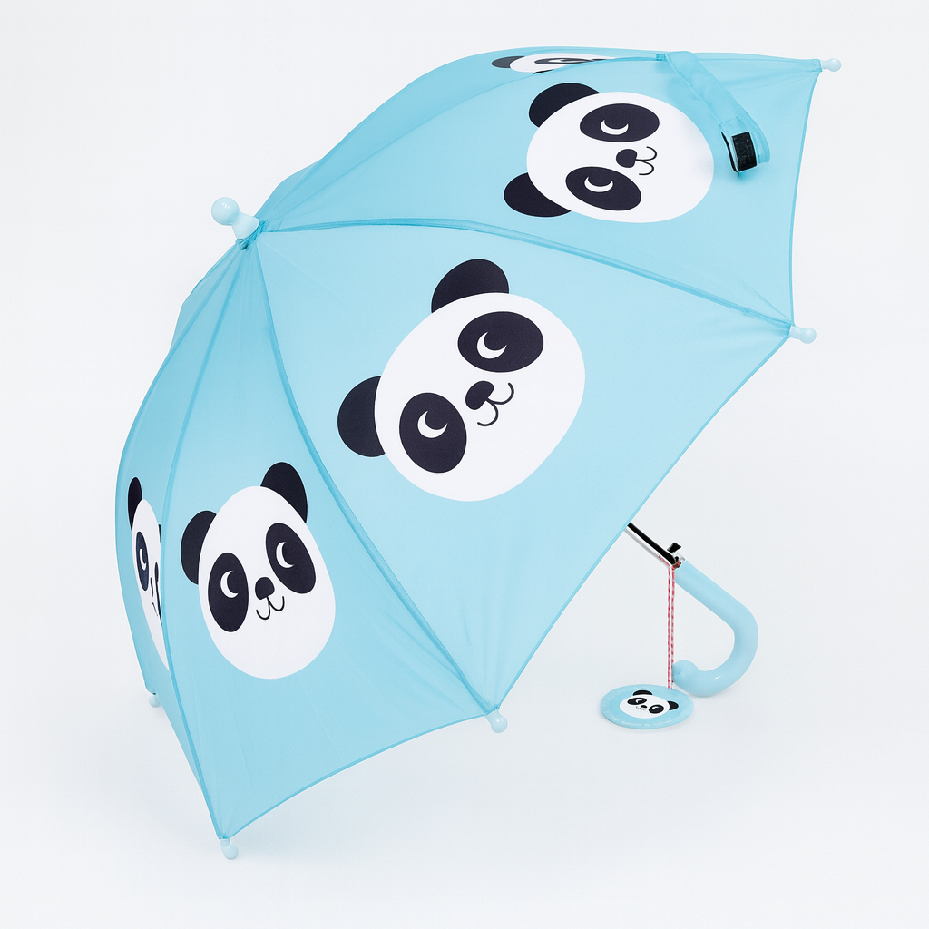 Guarda-chuva azul com estampa de panda e punho curvo