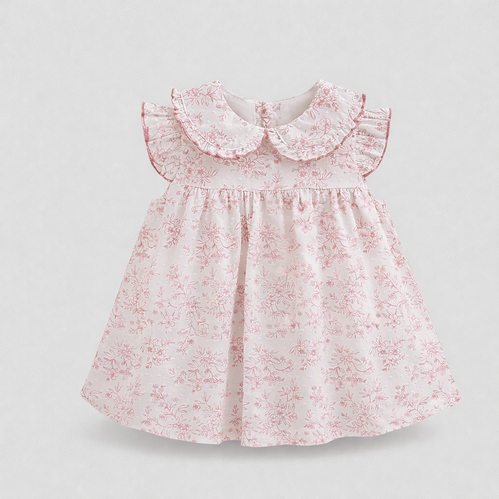 Vestido de bebé branco com padrão floral rosa e folhos na gola e mangas