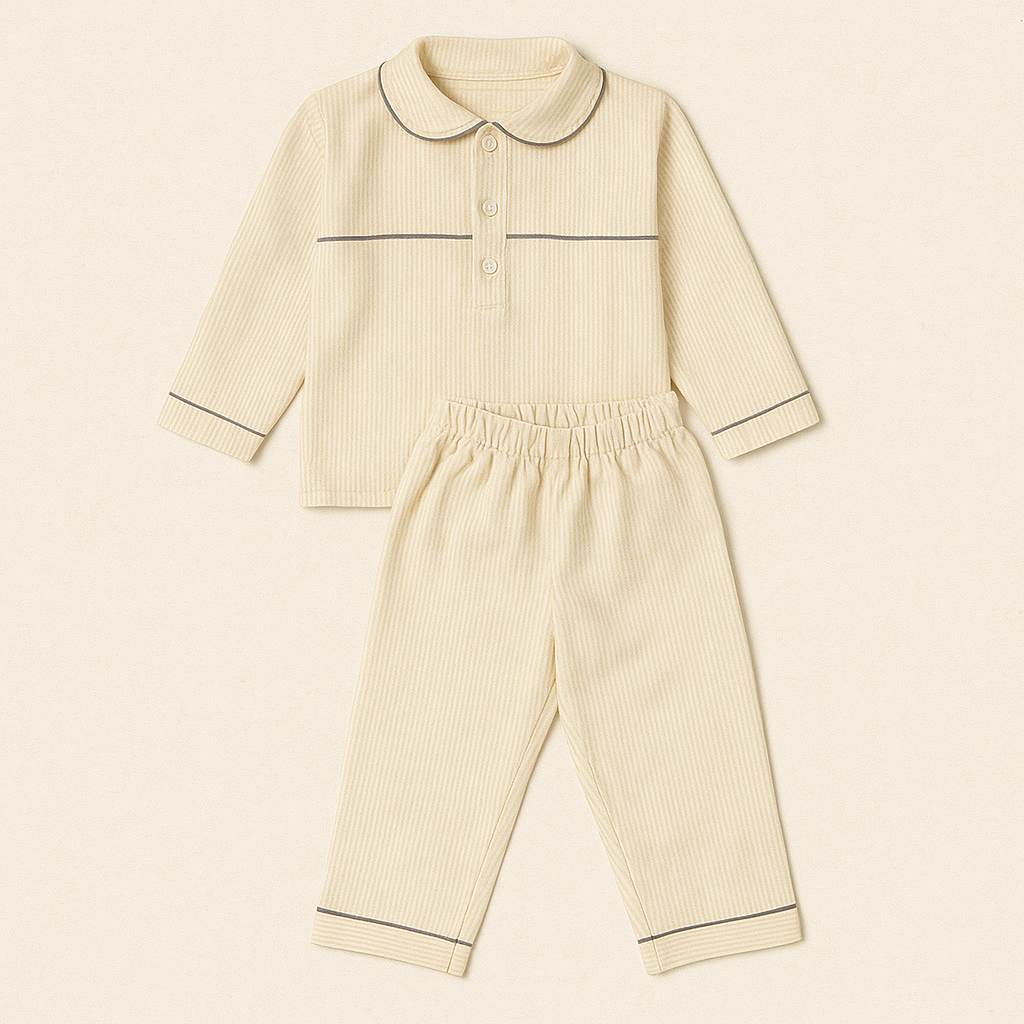 Conjunto de pijama creme para criança com camisa de manga comprida e calças com riscas finas.