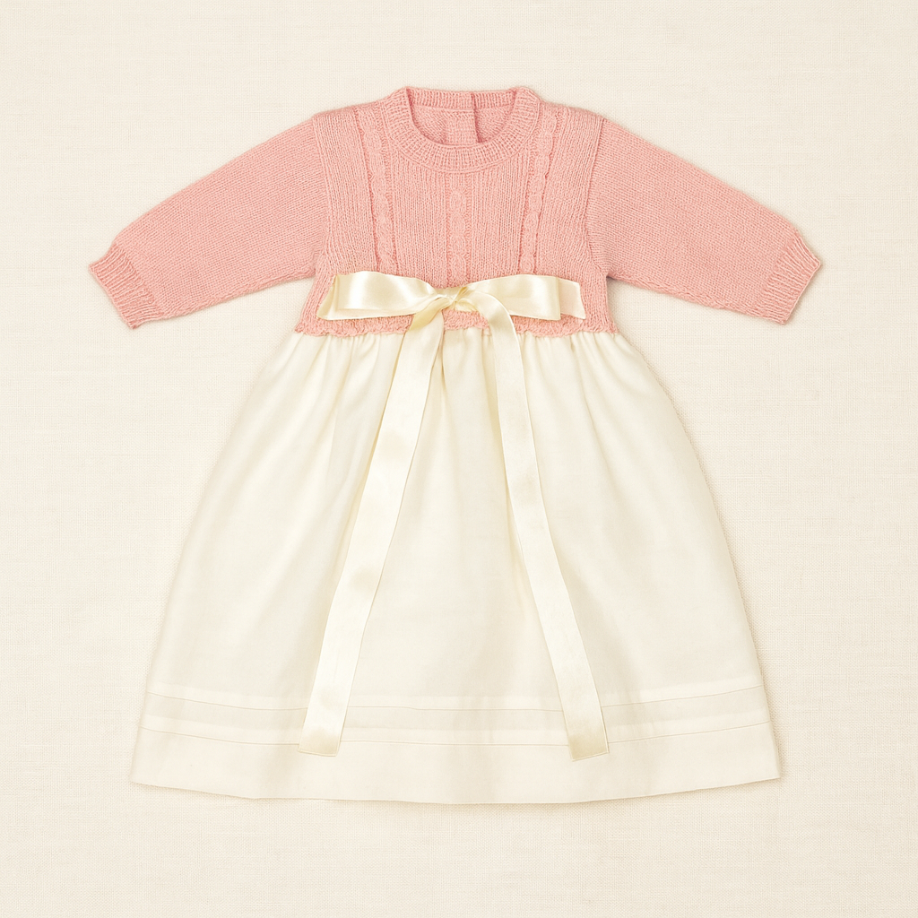 Vestido de bebé rosa e creme com fita de cetim