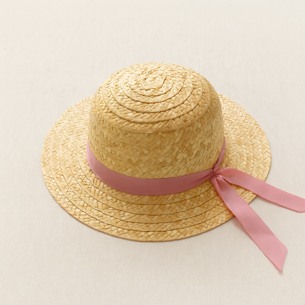 Chapéu de palha com fita rosa em fundo claro