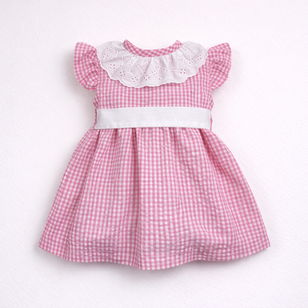 Vestido infantil rosa com padrão xadrez e gola branca bordada