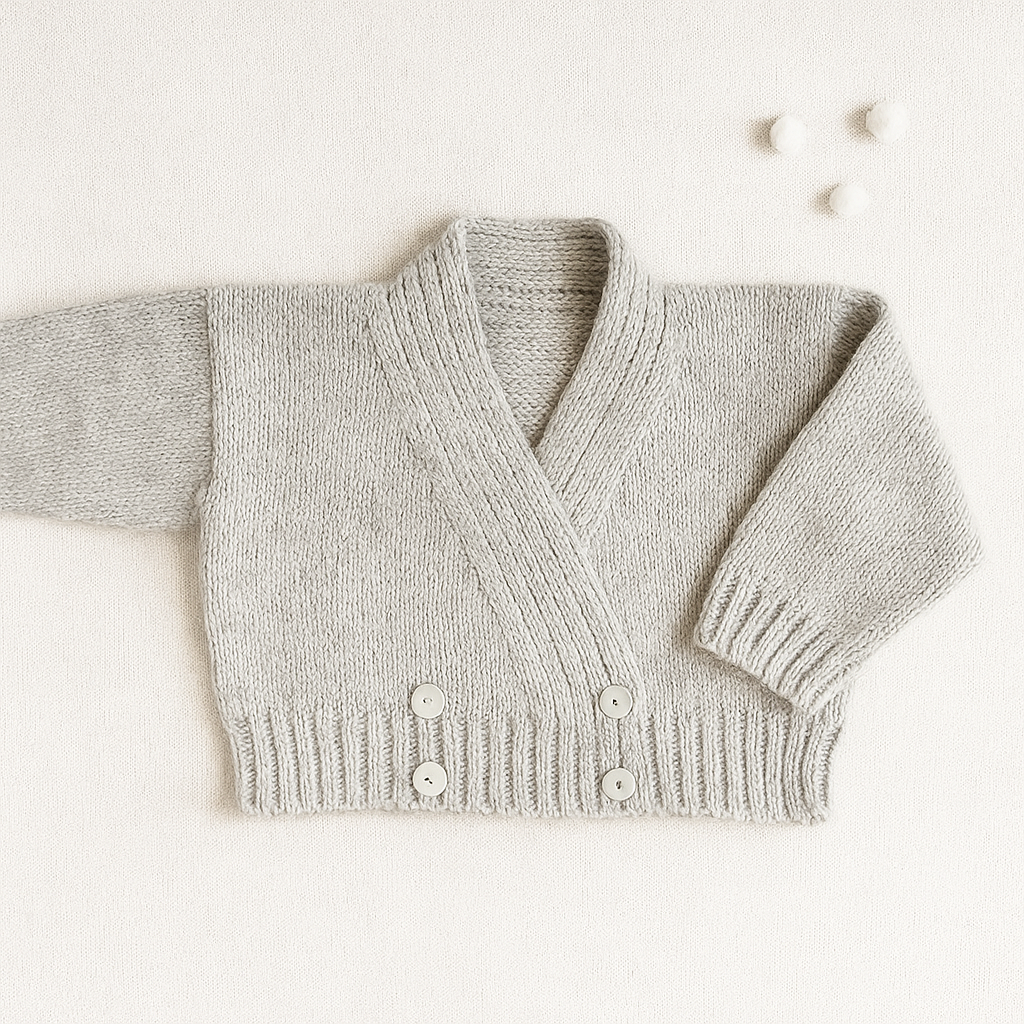 Casaco de malha cinzento claro para bebé com botões brancos e pompons ao lado