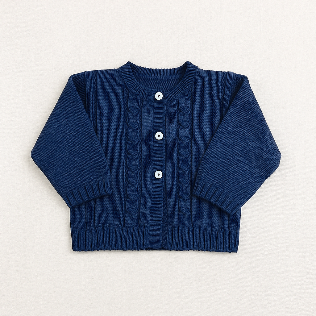 Casaco de malha azul escuro para bebé com botões brancos