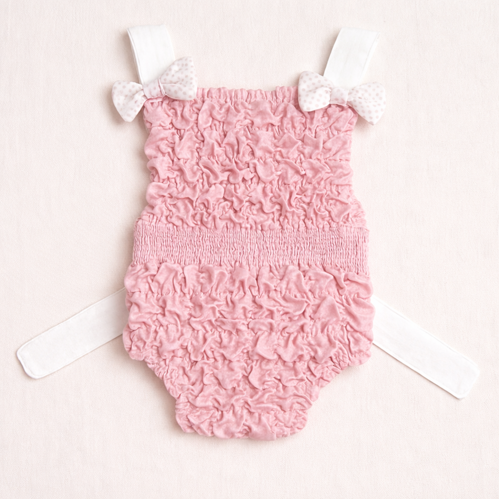 Fato de banho rosa para bebé com laços brancos e textura franzida