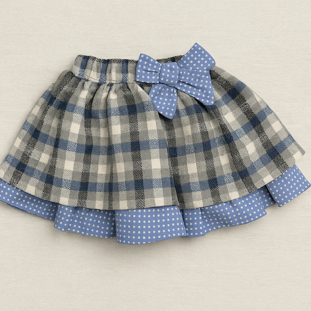 Saia xadrez azul e cinza com laço azul claro de bolinhas brancas