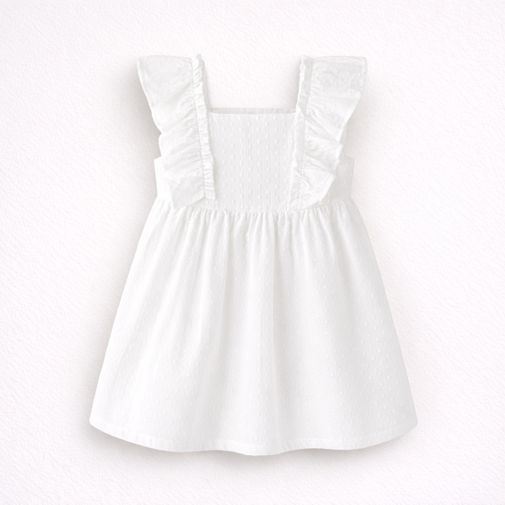 Vestido branco de criança com alças folhadas e tecido com pontos texturizados