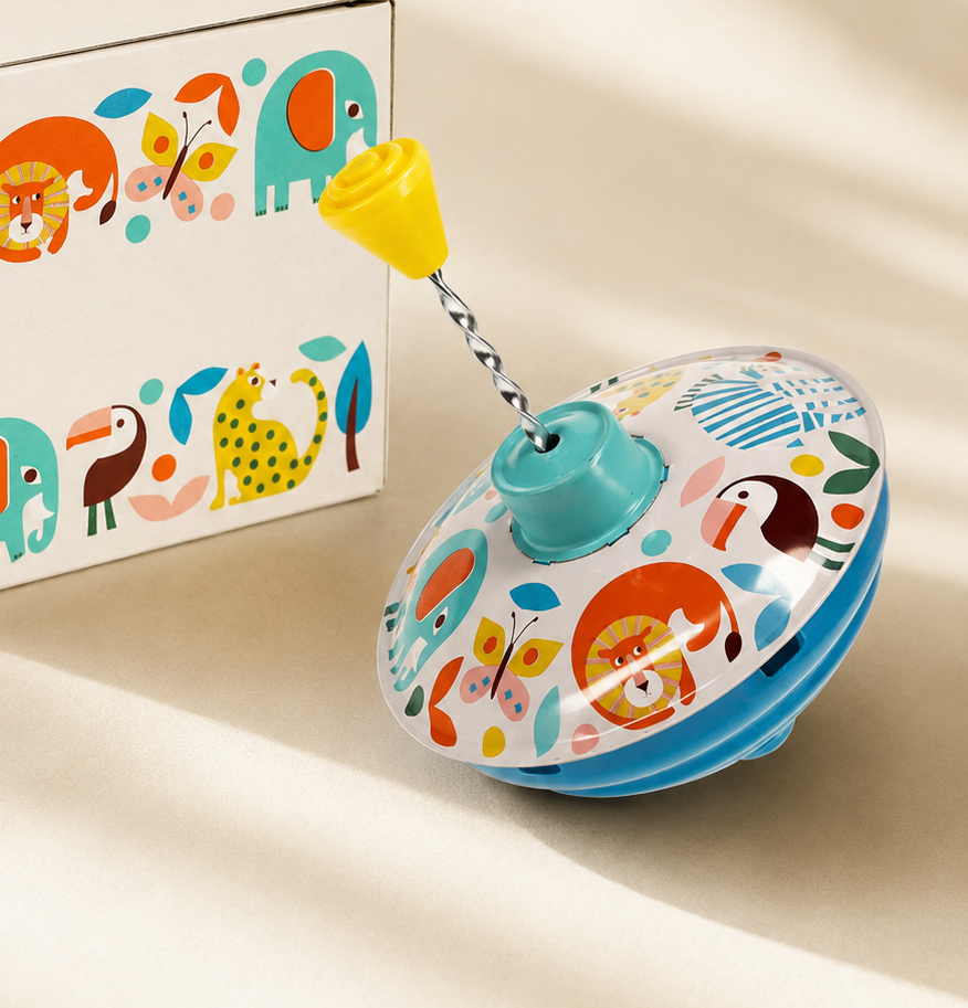 Pião colorido com desenhos de animais e caixa decorativa