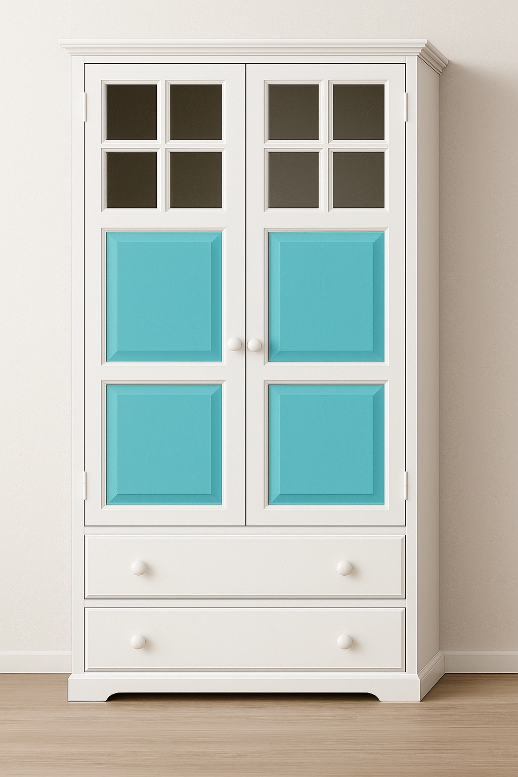 Armário branco com painéis azuis e portas com janelas de vidro opaco, em chão de madeira clara