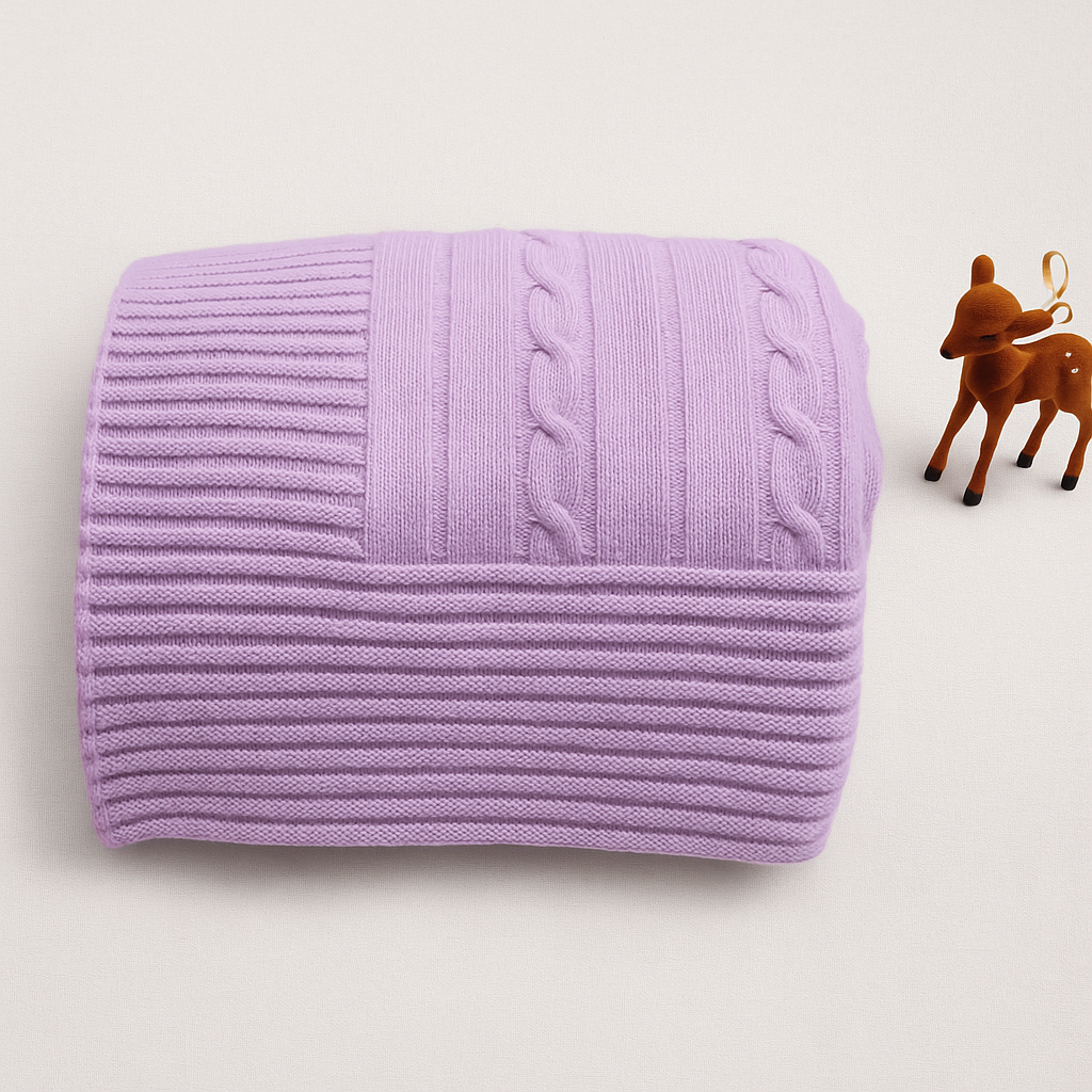 Manta lilás de malha com padrão de tranças e veado decorativo castanho