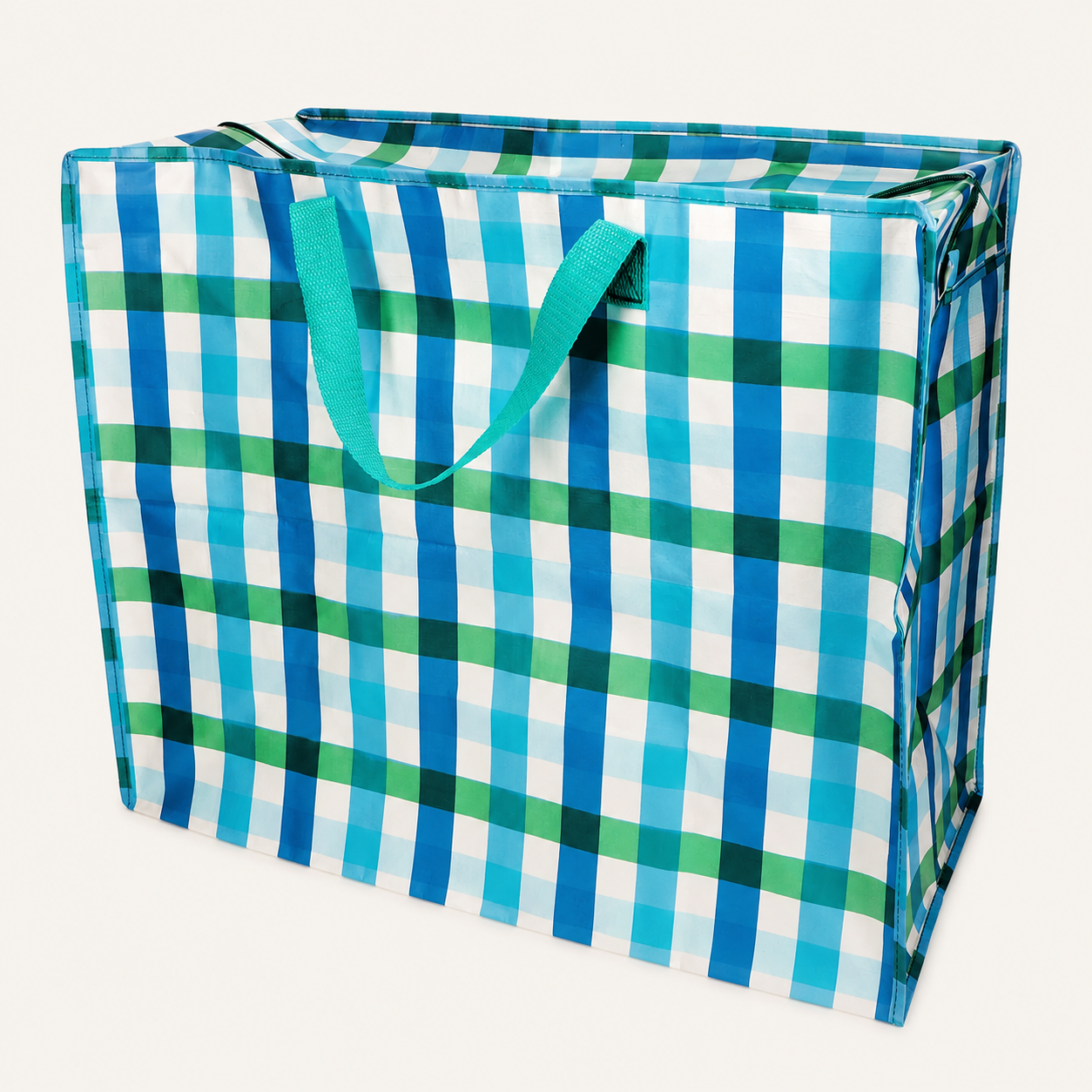 Saco de compras grande azul, verde e branco às riscas com alças azul-turquesa